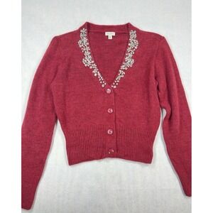 PILCRO Anthropologie Embellished Crystal V-Neck Cardigan Sweater Rhubarb Pink S